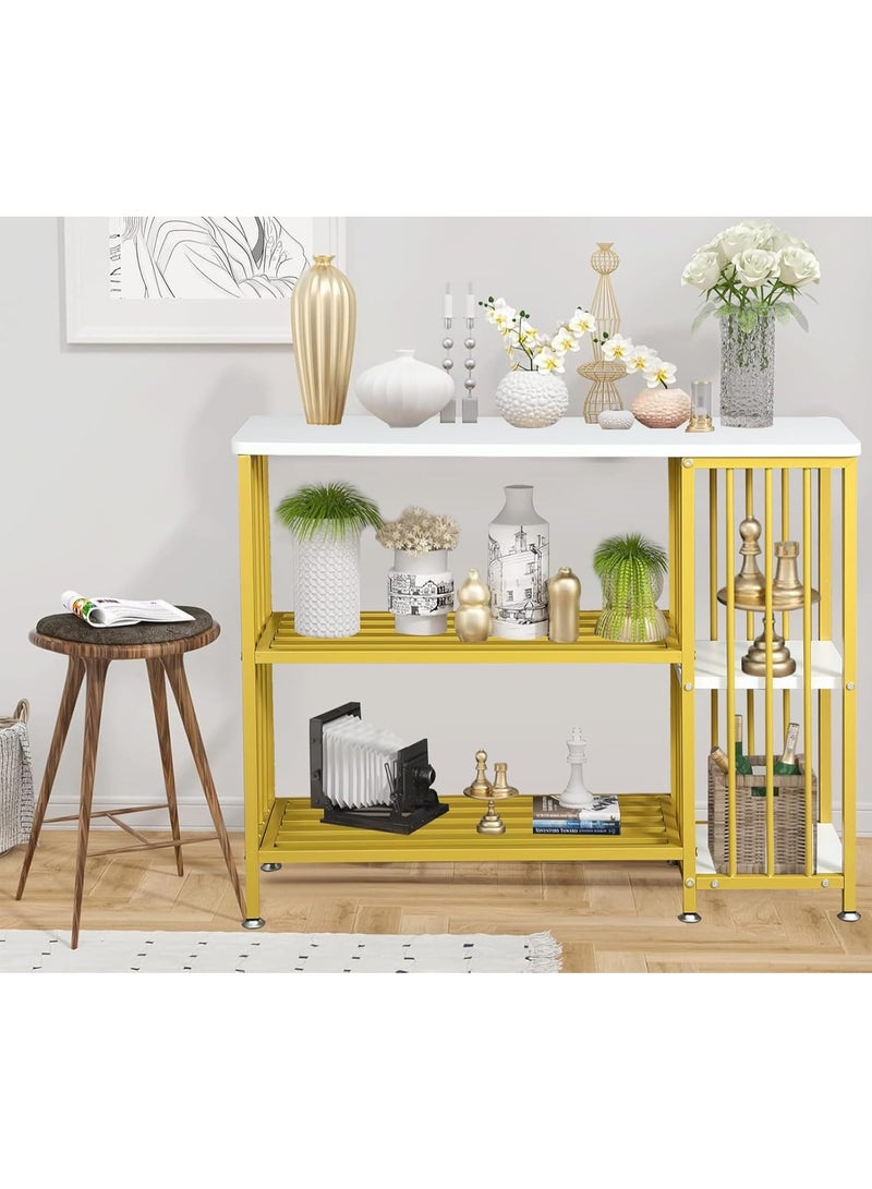 DubaiGallery طاولة كونسول بإطار ذهبي أنيق مع سطح طاولة أبيض، 3 رفوف مفتوحة، هيكل معدني قوي لمدخل المنزل، عرض غرفة المعيشة، التخزين، وديكور داخلي أنيق - Image 2